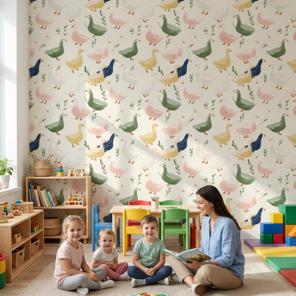 Cream Multicolor Duck Pattern Kids Wallpaper