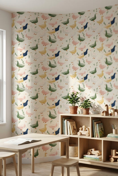 Cream Multicolor Duck Pattern Kids Wallpaper