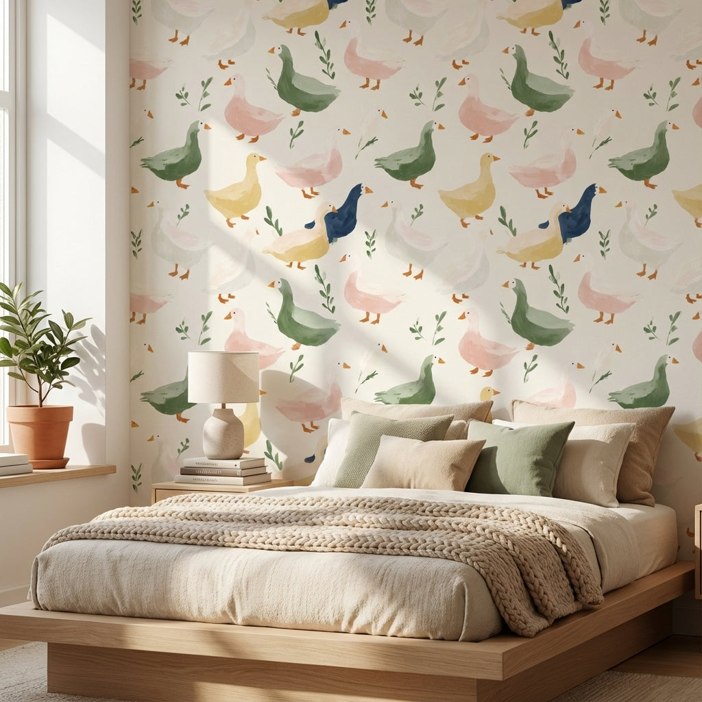 Cream Multicolor Duck Pattern Kids Wallpaper