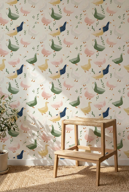 Cream Multicolor Duck Pattern Kids Wallpaper