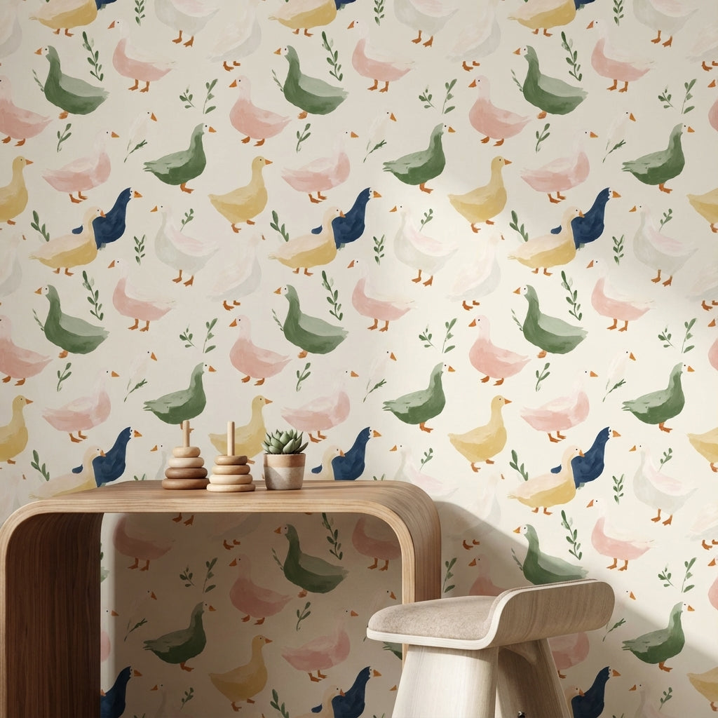 Cream Multicolor Duck Pattern Kids Wallpaper