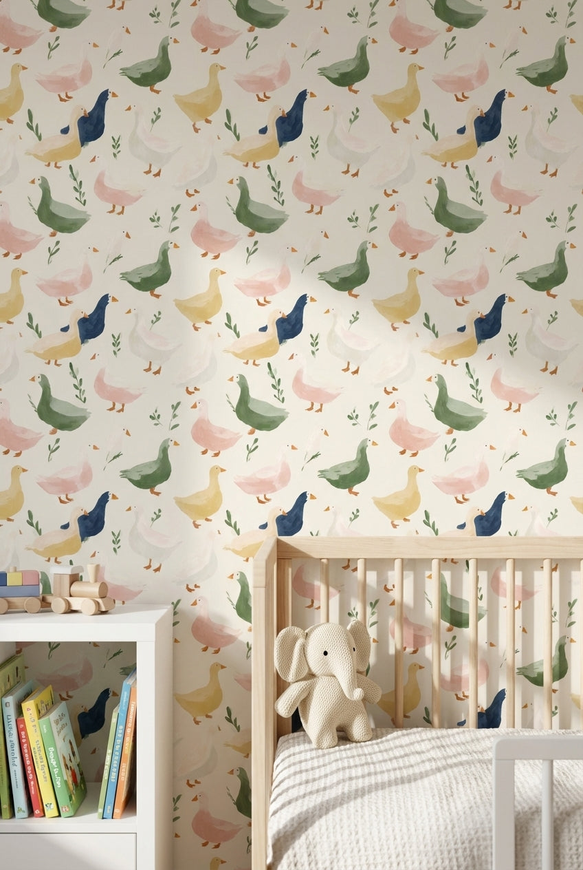 Cream Multicolor Duck Pattern Kids Wallpaper