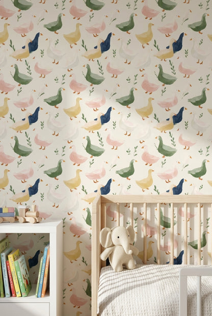 Cream Multicolor Duck Pattern Kids Wallpaper
