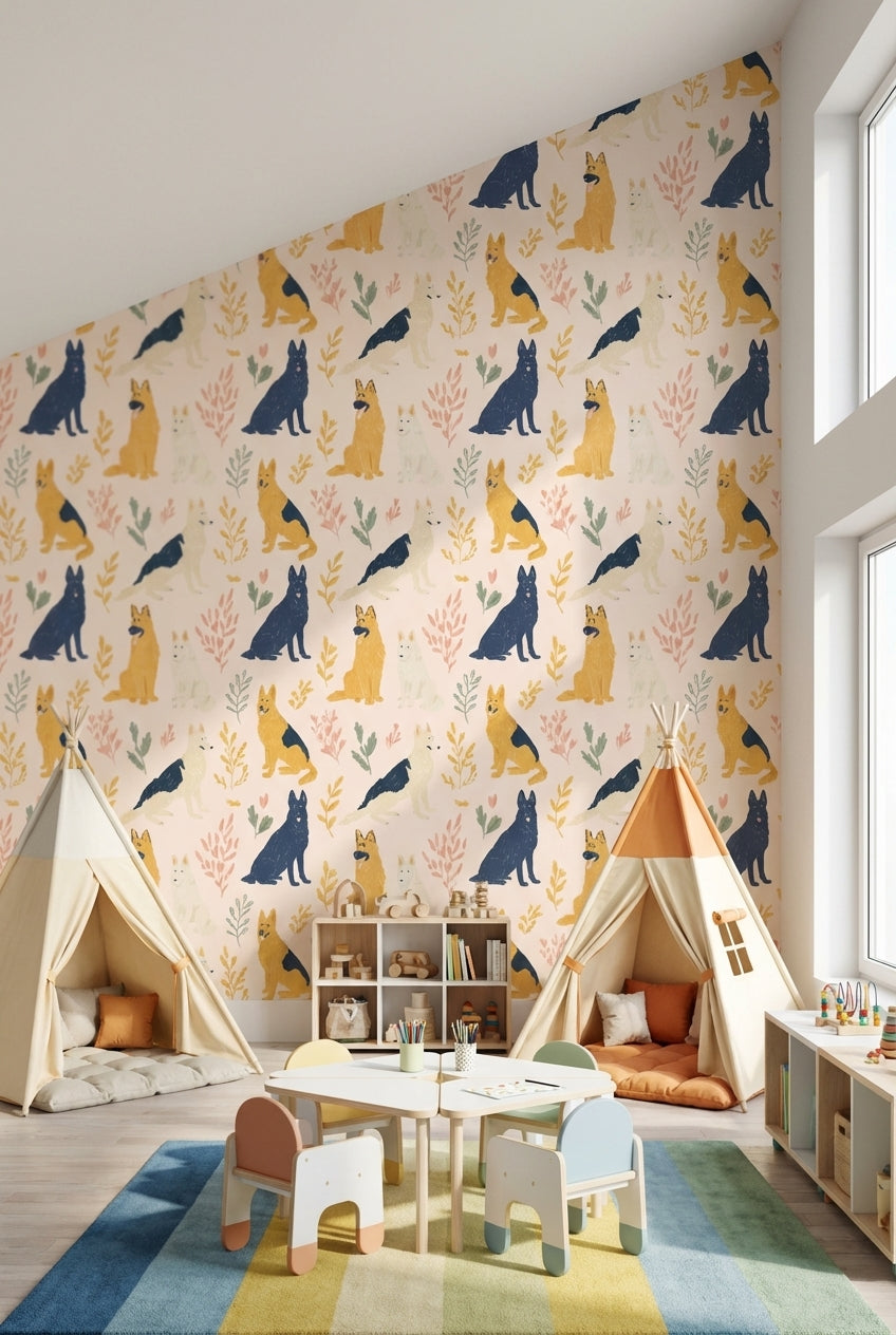 Cream Playful Dogs and Leaves Kids Wallpaper