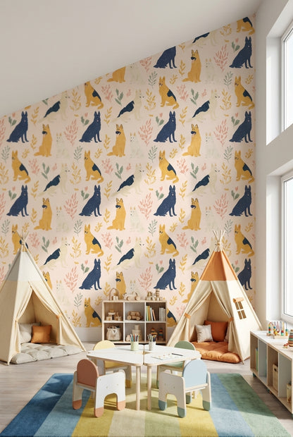 Cream Playful Dogs and Leaves Kids Wallpaper