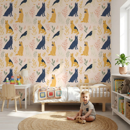 Cream Playful Dogs and Leaves Kids Wallpaper