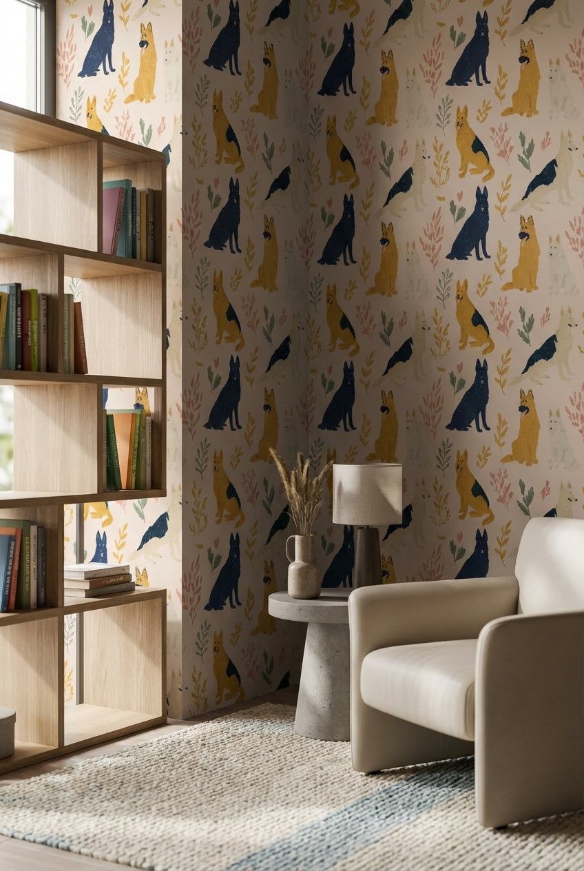 Cream Playful Dogs and Leaves Kids Wallpaper