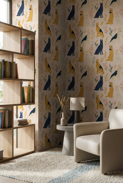 Cream Playful Dogs and Leaves Kids Wallpaper