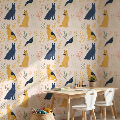 Cream Playful Dogs and Leaves Kids Wallpaper