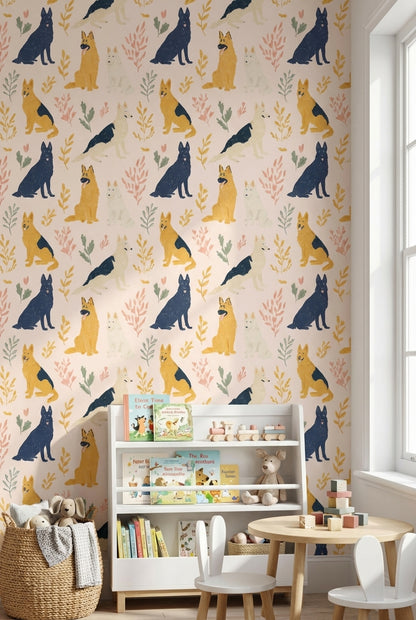 Cream Playful Dogs and Leaves Kids Wallpaper