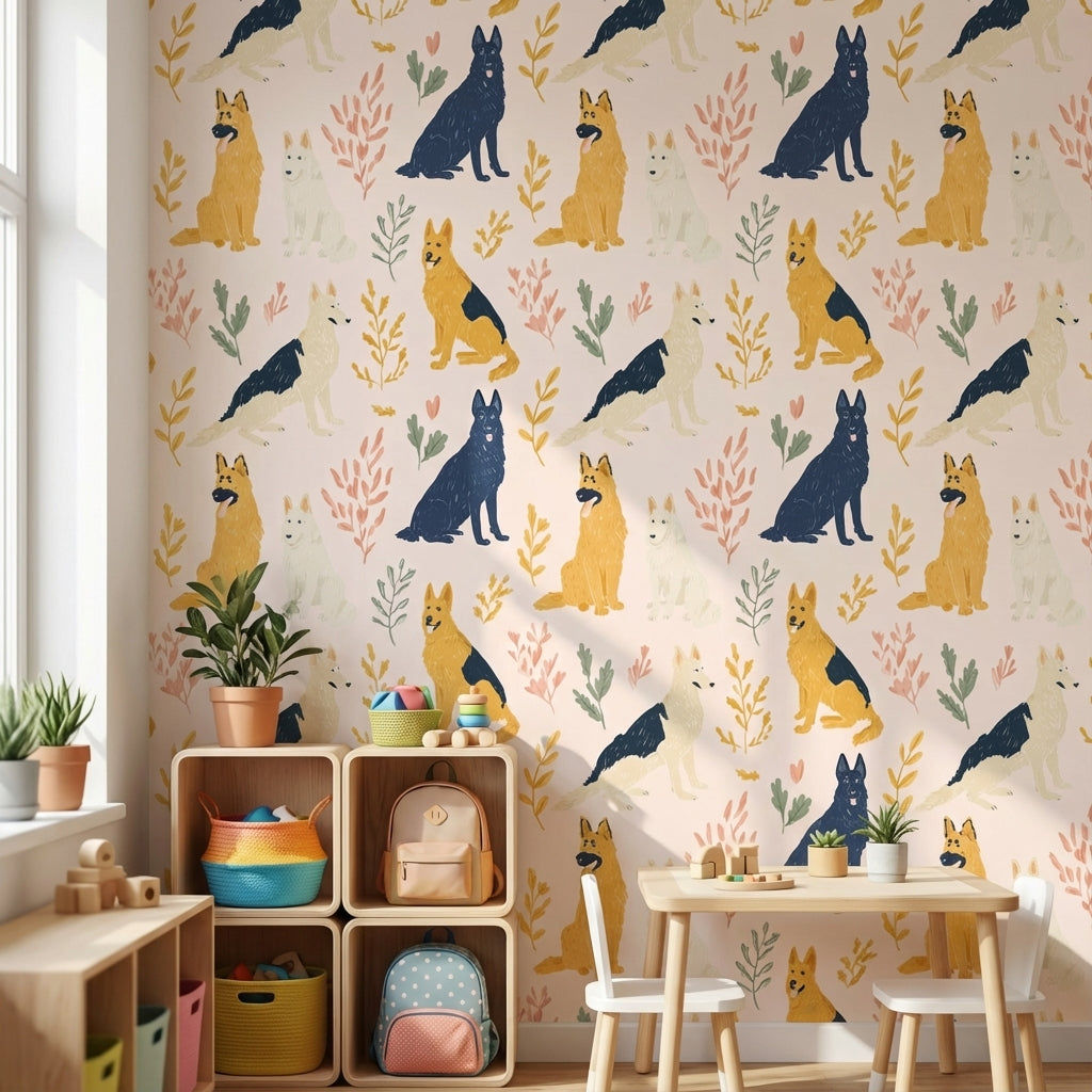 Cream Playful Dogs and Leaves Kids Wallpaper