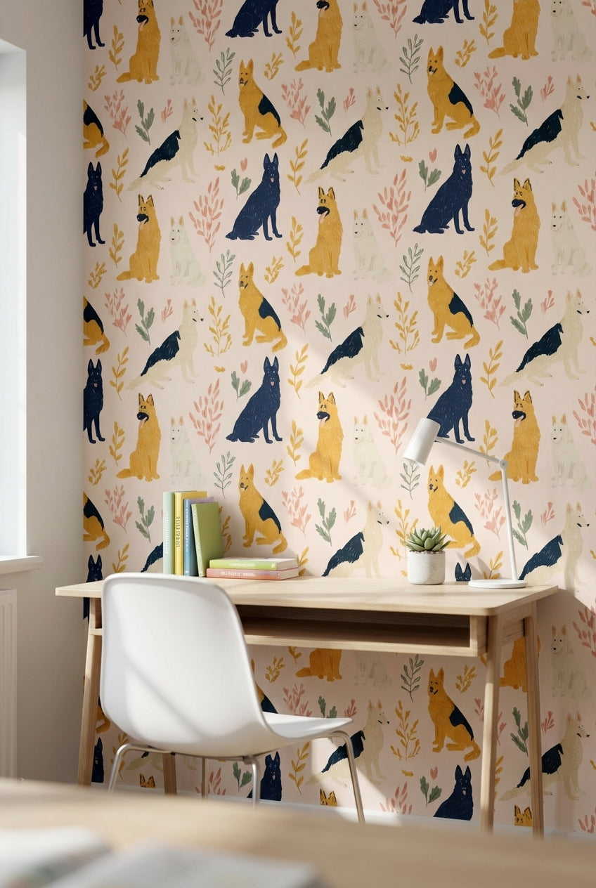 Cream Playful Dogs and Leaves Kids Wallpaper