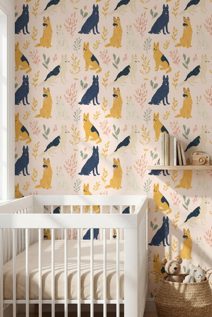 Cream Playful Dogs and Leaves Kids Wallpaper