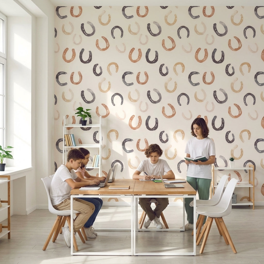Cream and Warm Brown Horseshoe Pattern Wallpaper