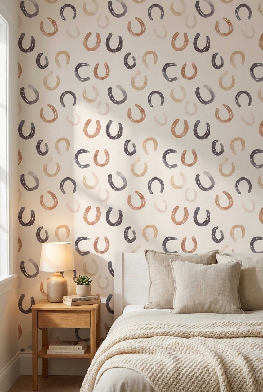 Cream and Warm Brown Horseshoe Pattern Wallpaper