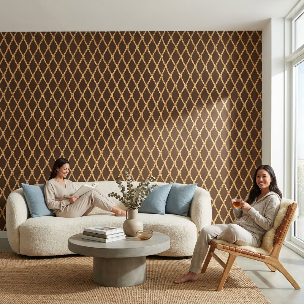 Rich Chocolate Brown Nautical Rope Pattern Wallpaper