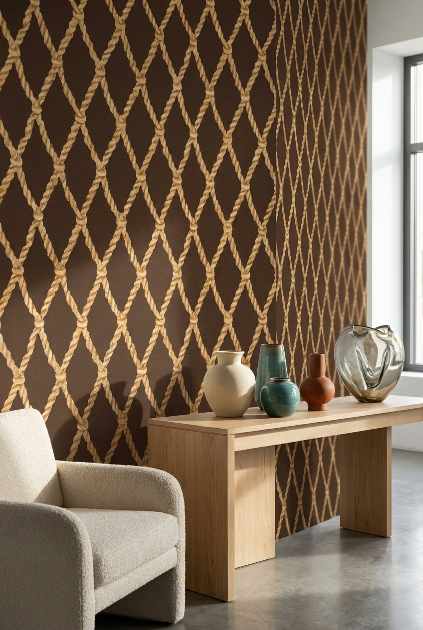 Rich Chocolate Brown Nautical Rope Pattern Wallpaper