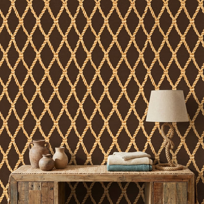 Rich Chocolate Brown Nautical Rope Pattern Wallpaper