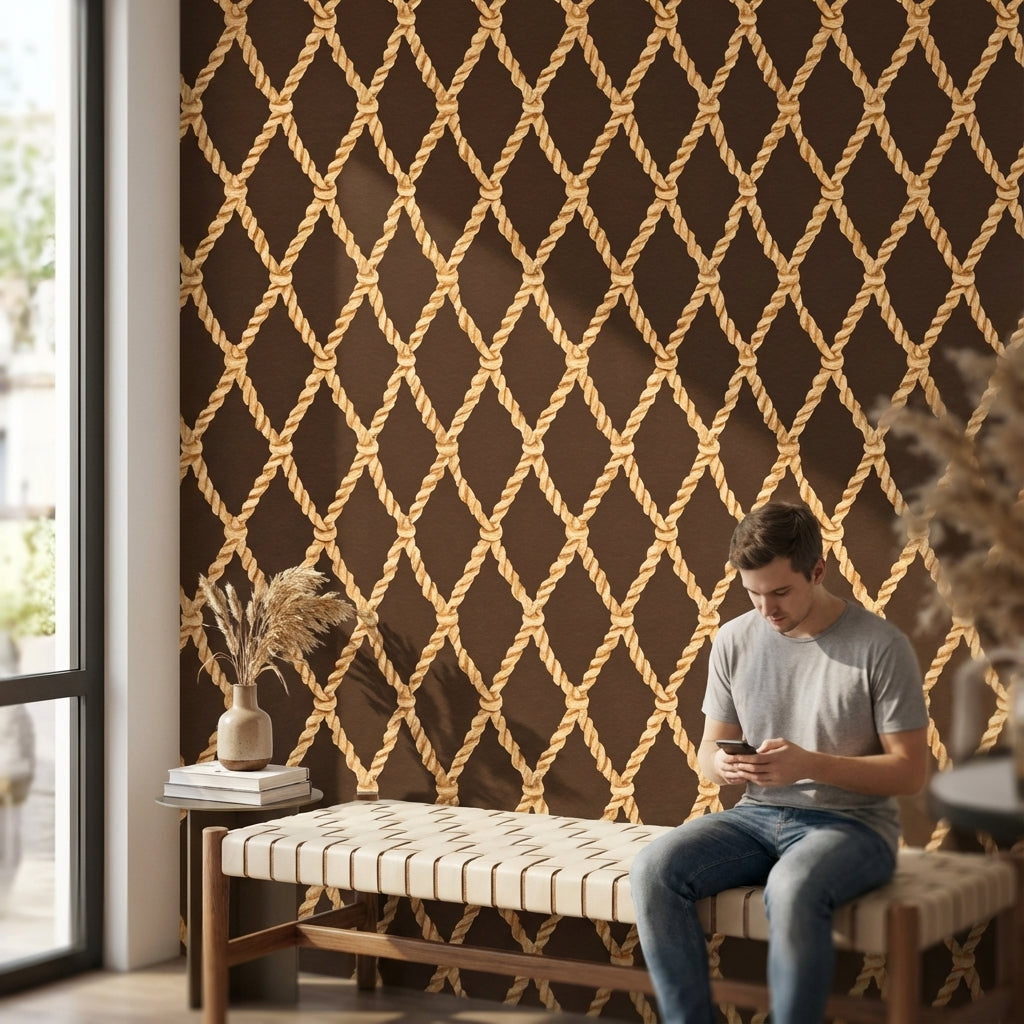 Rich Chocolate Brown Nautical Rope Pattern Wallpaper