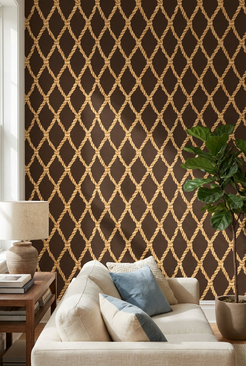 Rich Chocolate Brown Nautical Rope Pattern Wallpaper