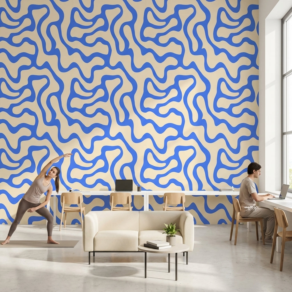 Beige and Blue Abstract Wave Pattern Wallpaper