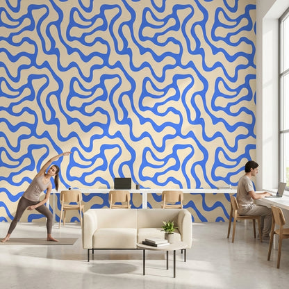 Beige and Blue Abstract Wave Pattern Wallpaper
