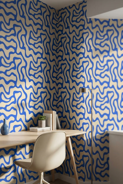 Beige and Blue Abstract Wave Pattern Wallpaper