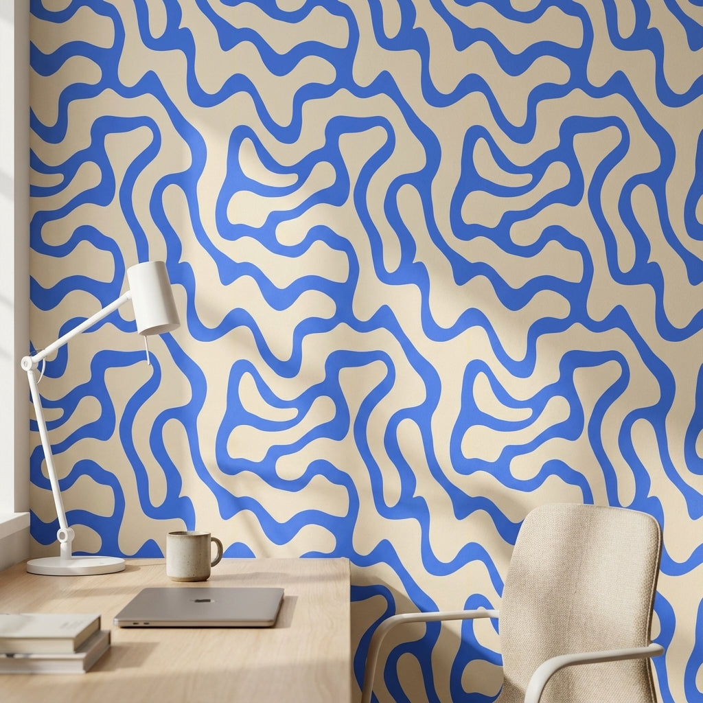Beige and Blue Abstract Wave Pattern Wallpaper