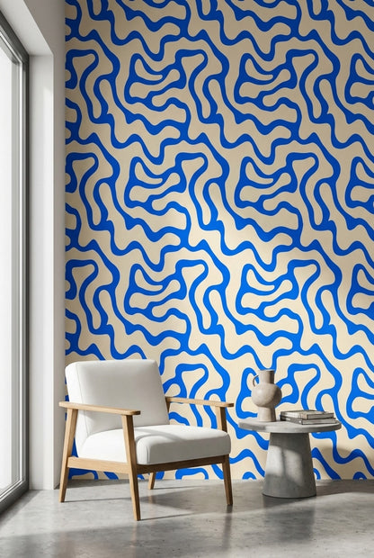 Beige and Blue Abstract Wave Pattern Wallpaper