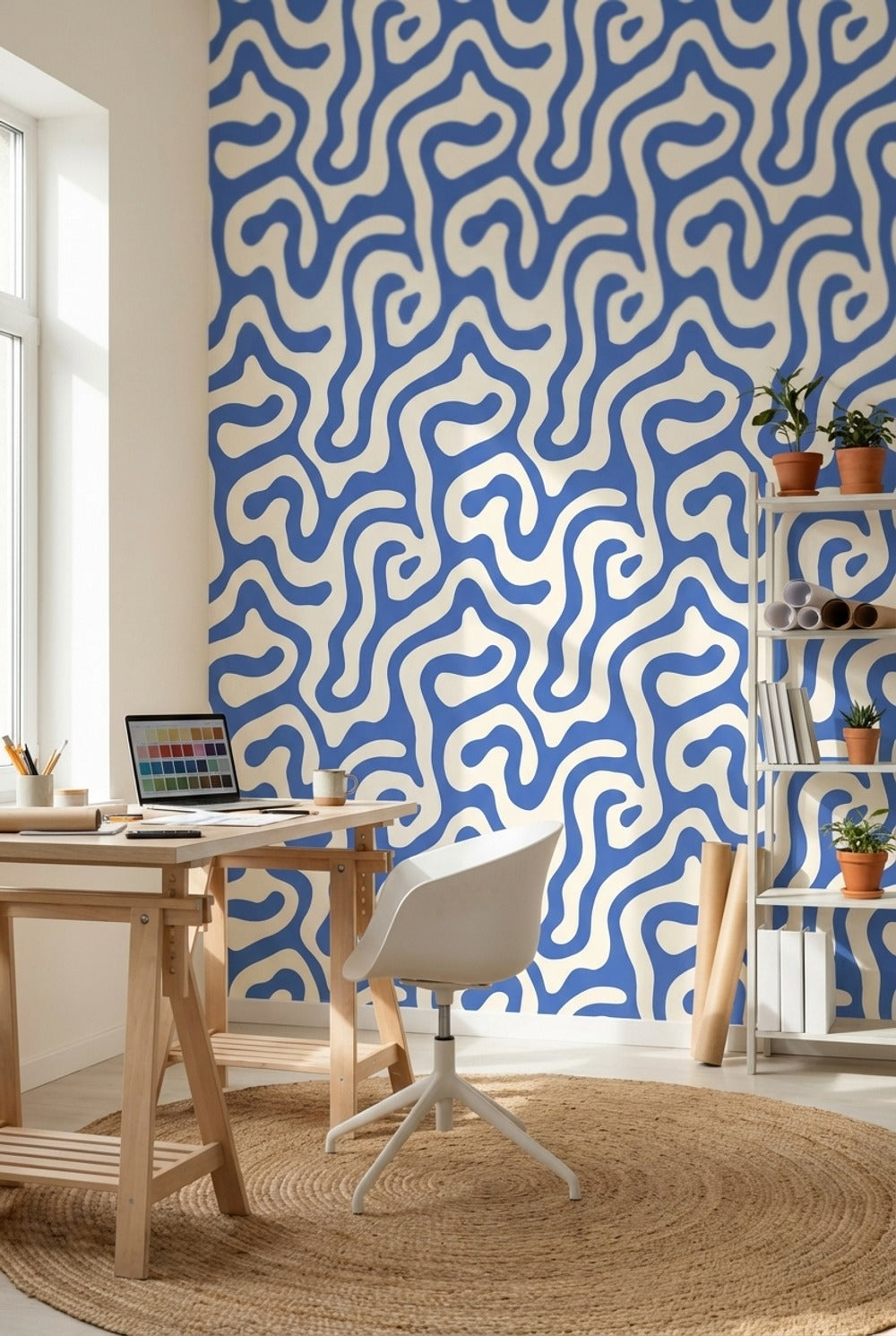 Blue and White Abstract Swirl Pattern Wallpaper