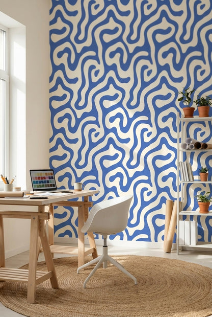 Blue and White Abstract Swirl Pattern Wallpaper