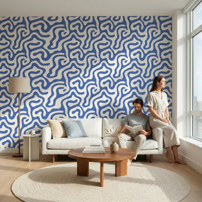 Blue and White Abstract Swirl Pattern Wallpaper