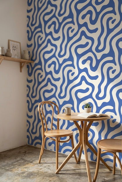 Blue and White Abstract Swirl Pattern Wallpaper