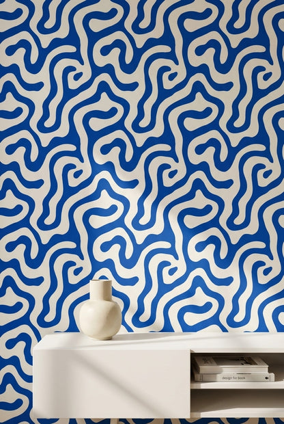 Blue and White Abstract Swirl Pattern Wallpaper