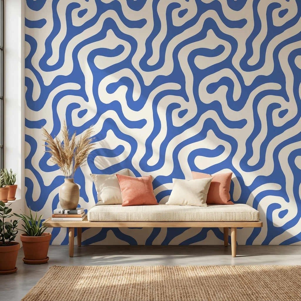 Blue and White Abstract Swirl Pattern Wallpaper