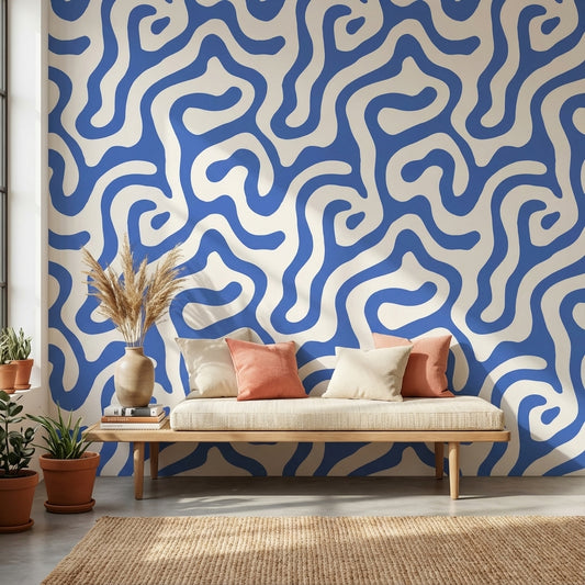 Blue and White Abstract Swirl Pattern Wallpaper