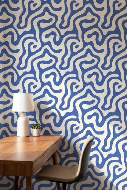 Blue and White Abstract Swirl Pattern Wallpaper