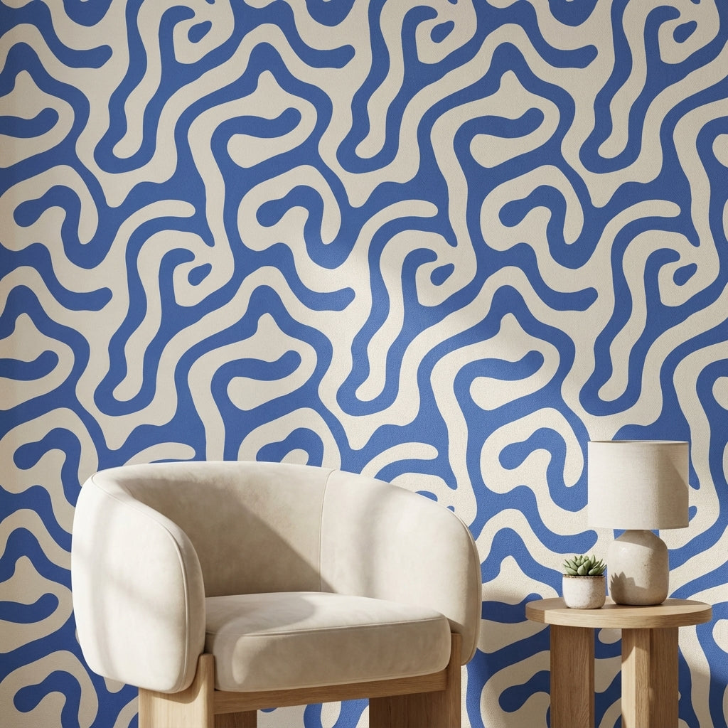 Blue and White Abstract Swirl Pattern Wallpaper