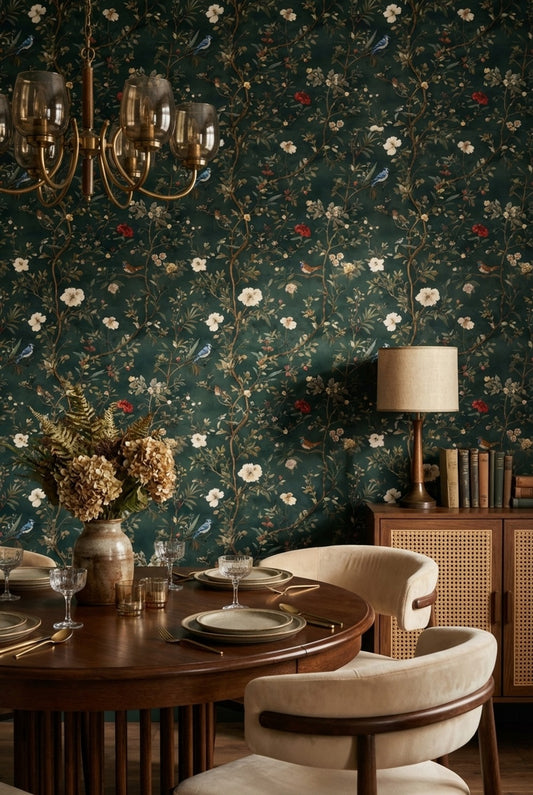 Deep Green Botanical and Bird Pattern Wallpaper