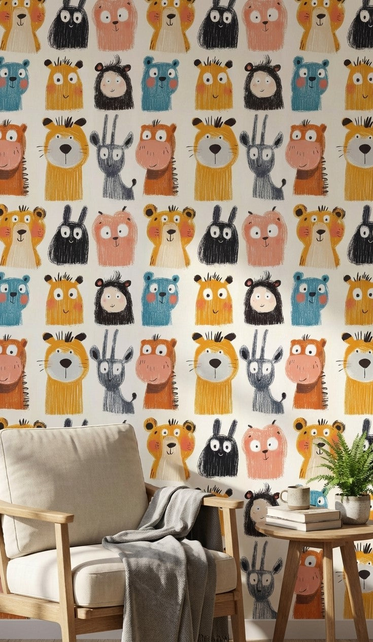 Cream Multicolor Jungle Animals Kids Wallpaper