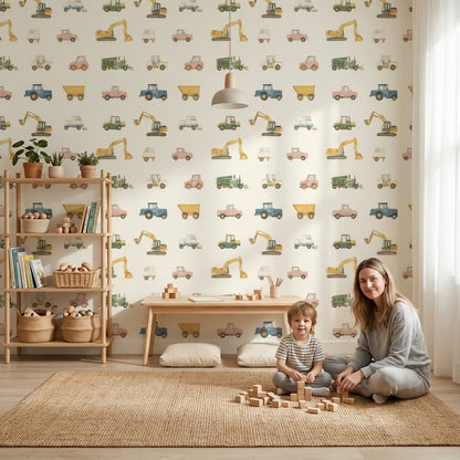 Cream Multicolor Vehicles Kids Wallpaper