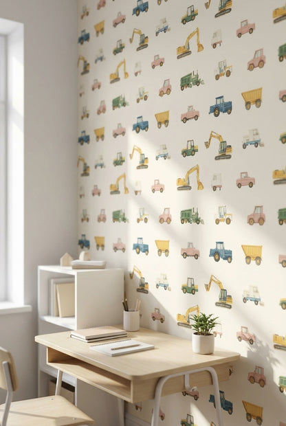 Cream Multicolor Vehicles Kids Wallpaper