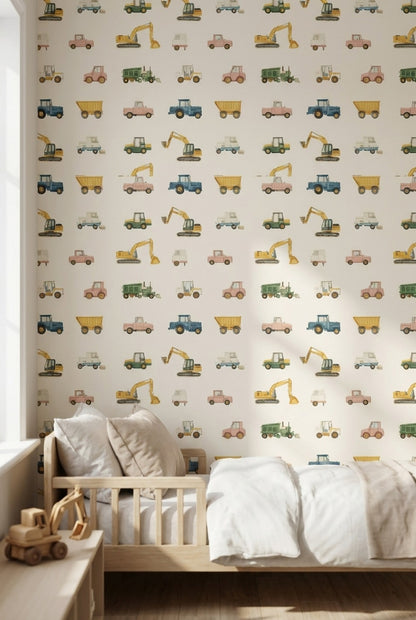 Cream Multicolor Vehicles Kids Wallpaper