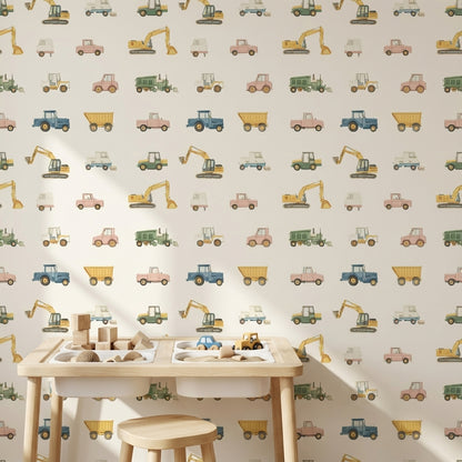 Cream Multicolor Vehicles Kids Wallpaper