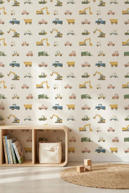 Cream Multicolor Vehicles Kids Wallpaper