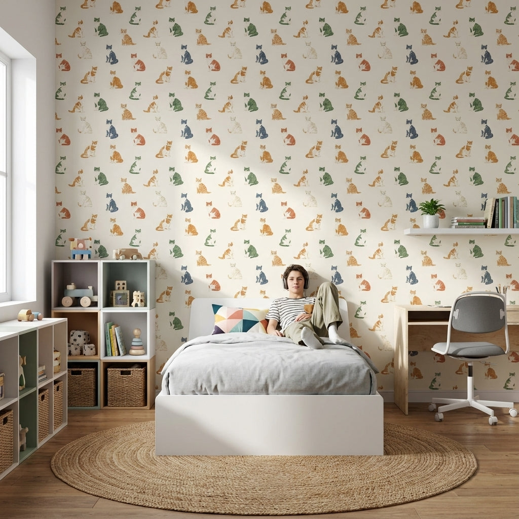 Cream Multicolor Cat Pattern Wallpaper