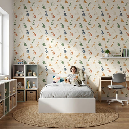 Cream Multicolor Cat Pattern Wallpaper
