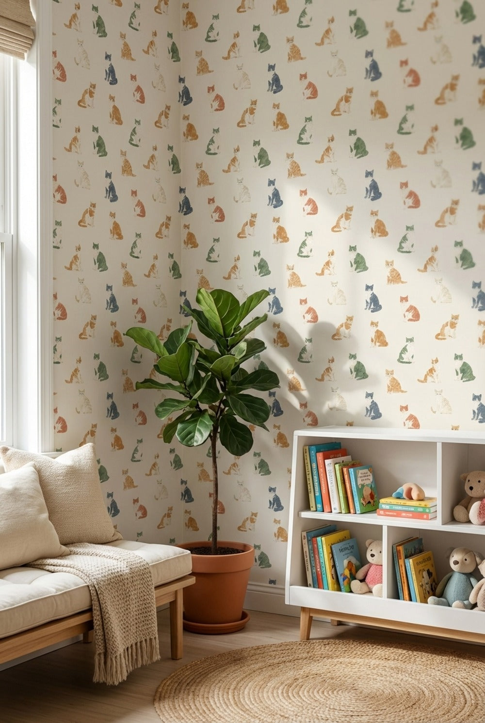 Cream Multicolor Cat Pattern Wallpaper
