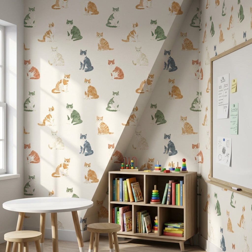 Cream Multicolor Cat Pattern Wallpaper
