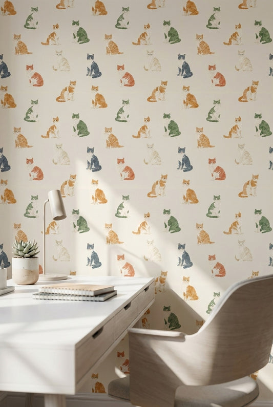 Cream Multicolor Cat Pattern Wallpaper